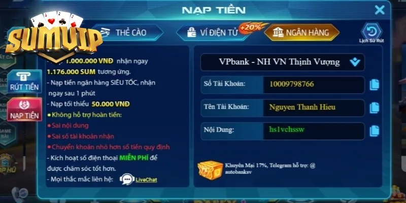 Nhập đúng thông tin để nạp tiền SUMVIP qua ngân hàng